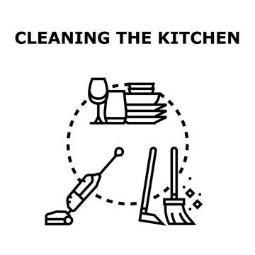 Kitchen cleaning process with household tools and dishes Stock Illustration