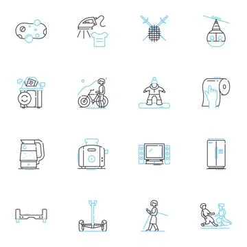 Kitchen cleanup linear icons set. Scrubbing, Wiping, Mopping, Sweeping Stock Illustration