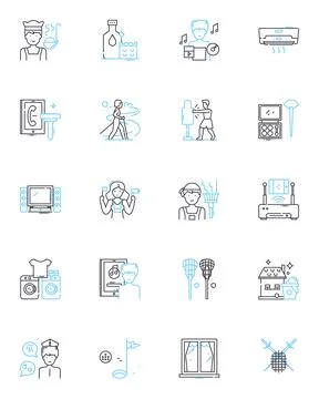 Kitchen cleanup linear icons set. Scrubbing, Wiping, Mopping, Sweeping Stock Illustration