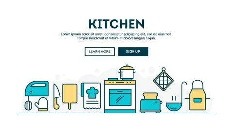Kitchen, colorful concept header, flat design thin line style Stock Illustration