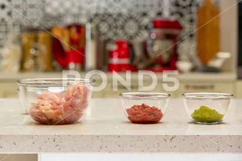 Kitchen concept. Food ingredients and kitchen utensils for cooking. Ingredients Stock Photos