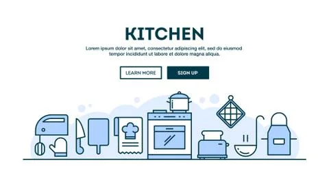 Kitchen, concept header, flat design thin line style Illustrazione stock