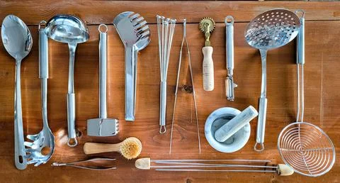 Kitchen concept. Top view of a set of plastic free kitchen equipment, which are Stock Photos