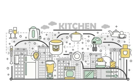 Kitchen concept vector flat line art illustration 스톡 일러스트