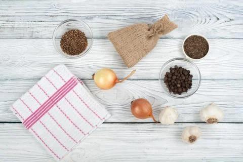 Kitchen, condiments, prescriptions record. Cooking food. Top view. Top view. Stock Photos