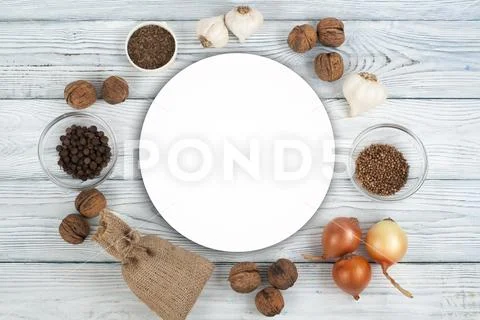 Kitchen, condiments, prescriptions record. Cooking food. Top view Stock Photos