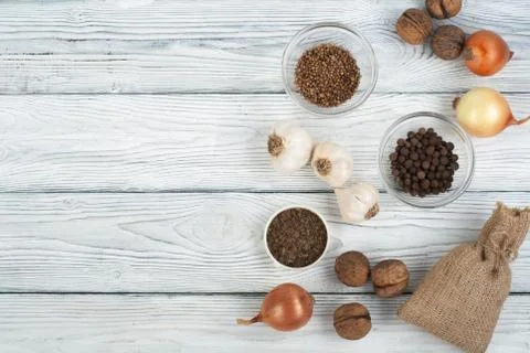 Kitchen, condiments, prescriptions record. Cooking food. Top view Stock Photos