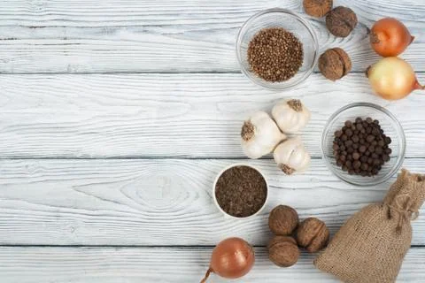 Kitchen, condiments, prescriptions record. Cooking food. Top view Stock Photos