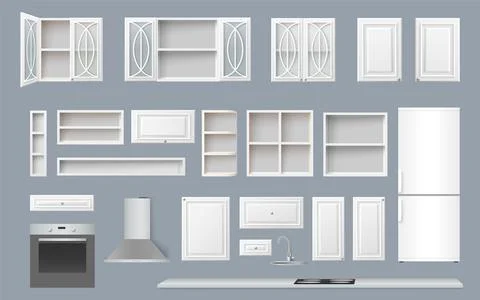 Kitchen constructor realistic vector 3d mockup set Stock Illustration