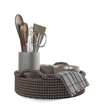 Kitchen container filled with an array of cooking utensils, 3D rendered Stock Illustration