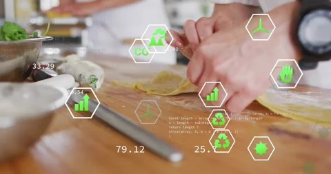 Kitchen cook starting stretching-folding-pinching dough forming ribbons green AR 스톡 동영상 331634902