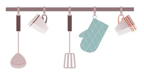 Kitchen cook tools and restaurant equipment hanging on hooks. Kitchen interio Stock Illustration