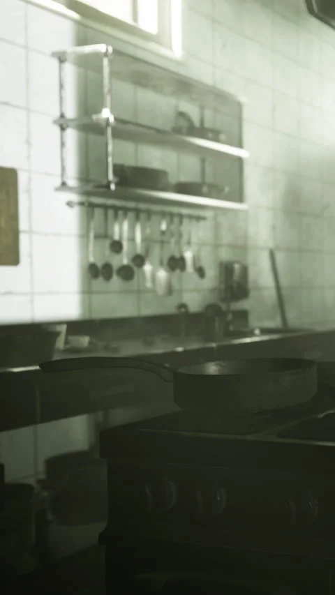 Kitchen with cooking equipment and tools during daytime hours Stock Footage 332215027