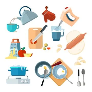 Kitchen cooking processes, grated vegetables, mixer, fried, dough, boil Ilustración de archivo