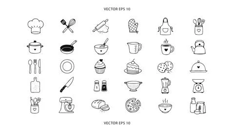 Kitchen Cooking Restaurant Hand Drawn Line Icon Set Stock Illustration