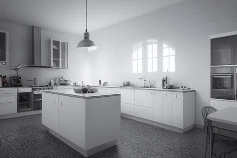 Kitchen cooking room 3d render 스톡 일러스트