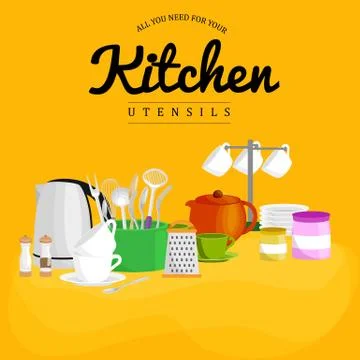 Kitchen cooking set, kitchenware utensil for household vector background Stock Illustration