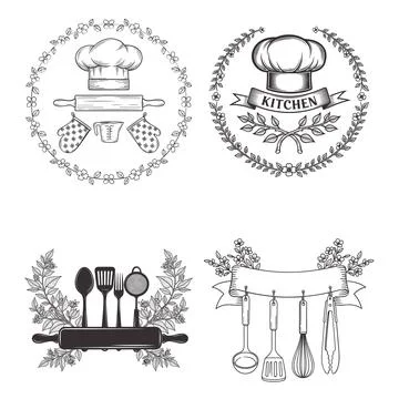 Kitchen Cooking Utensils Emblems Set Chef Hat Rolling Pin Floral Wreath Vecto Stock Illustration