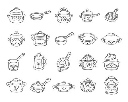 Kitchen cookware set in outline line art Stock Illustration