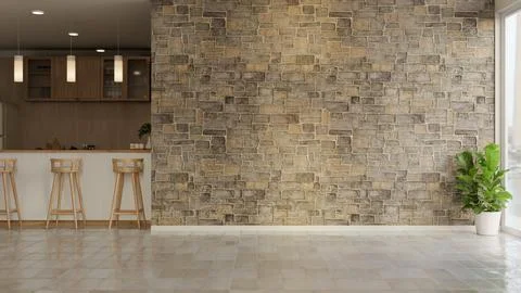 Kitchen counter and dining room aside bricks wall mural and tiles floor of .. 스톡 일러스트