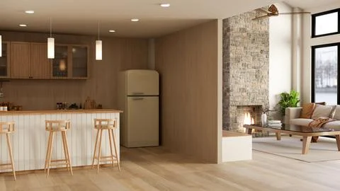 Kitchen counter and fridge aside living room with sofa table and bricks fir.. Stock Illustration