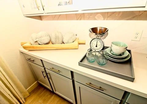 Kitchen Counter With Decorator Items &amp; Retro Scale Stock Photos