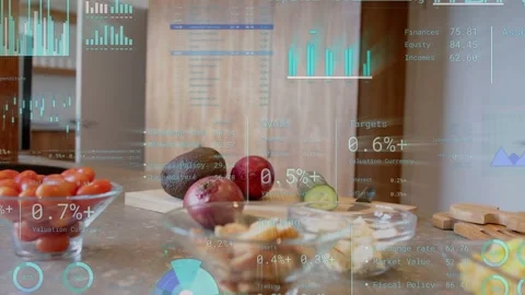 Kitchen counter showing cherry tomatoes avocados sliced cucumber and animated Stock Footage 333034741