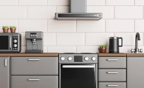 Kitchen counter top with microwave, coffee machine, electric kettle, stove Stock Illustration