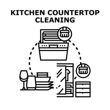 Kitchen countertop cleaning process and dishwashing concept Ilustración de archivo