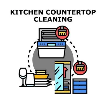 Kitchen countertop cleaning process and dishwashing concept Stock Illustration