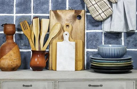 Kitchen countertop showcasing a rustic home decor with utensils, home kitchen de Stock Photos