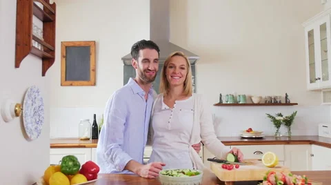 Kitchen couple smiling portrait Stock Footage 58281154