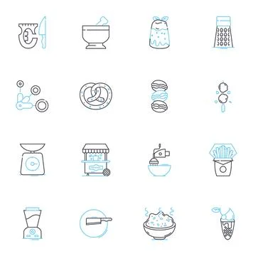 Kitchen-craft linear icons set. Gadgets, Cookware, Bakeware, Cutlery, Utensils Stock Illustration