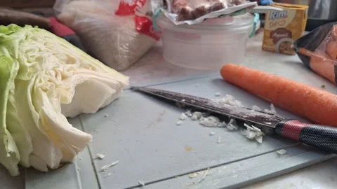 A kitchen cutting board with chopped cabbage and a carrot Stock Footage 330401368