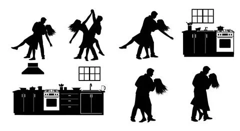Kitchen Dance Romantic Couple Silhouettes Stock Illustration