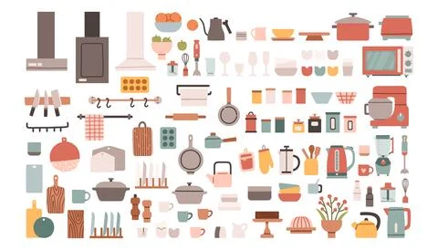 Kitchen decor tableware set. Cute kitchen decor. Cooking furniture. Dining Stockillustratie