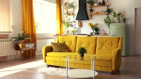 Kitchen design in yellow and white 스톡 동영상 157697153