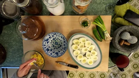 Kitchen Deviled Eggs Cutting Board Meal Preperation Healthy Lifestyle Eating Stock Footage 324858880