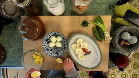 Kitchen Deviled Eggs Cutting Board Meal Preperation Healthy Lifestyle Eating Stock Footage 324874122