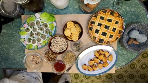 Kitchen Deviled Eggs Pie Pistachios Ketchup Mustard Crackers Meal Healthy Eating 스톡 동영상 324875262