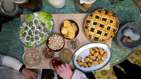 Kitchen Deviled Eggs Pie Pistachios Ketchup Mustard Crackers Meal Healthy Eating Stock Footage 324875758
