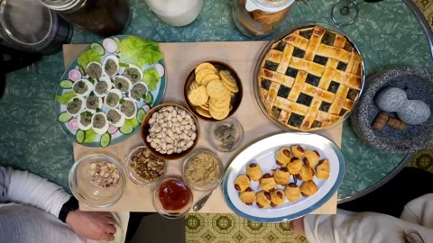 Kitchen Deviled Eggs Pie Pistachios Ketchup Mustard Crackers Meal Healthy Eating 스톡 동영상 324875794