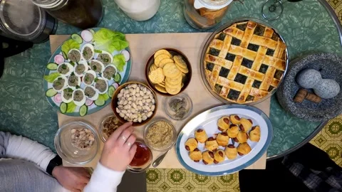 Kitchen Deviled Eggs Pie Pistachios Ketchup Mustard Crackers Meal Healthy Eating Stock Footage 324875827