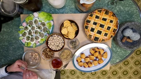 Kitchen Deviled Eggs Pie Pistachios Ketchup Mustard Crackers Meal Healthy Eating Stock Footage 324876022