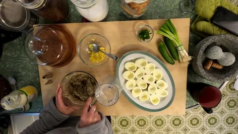 Kitchen Deviled Mushroom Eggs Cuttingboard Meal Preperation Healthy Lifestyle 스톡 동영상 324857818