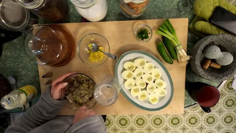 Kitchen Deviled Mushroom Eggs Cuttingboard Meal Preperation Healthy Lifestyle 스톡 동영상 324857843