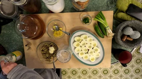 Kitchen Deviled Mushroom Eggs Cuttingboard Meal Preperation Healthy Lifestyle Stock Footage 324858185