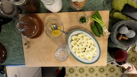 Kitchen Deviled Mushroom Eggs Cuttingboard Meal Preperation Healthy Lifestyle Stock Footage 324858198