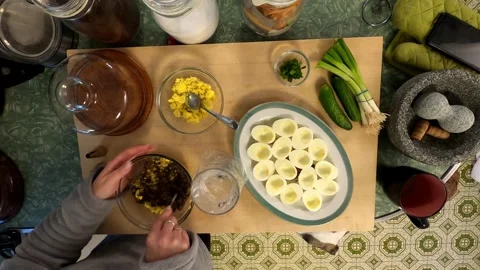 Kitchen Deviled Mushroom Eggs Cuttingboard Meal Preperation Healthy Lifestyle 스톡 동영상 324858354