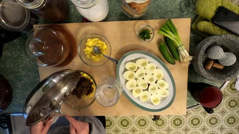 Kitchen Deviled Mushroom Eggs Cuttingboard Meal Preperation Healthy Lifestyle Stock Footage 324858424